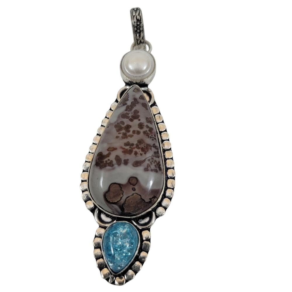 Silver Pendant with Leopardskin Jasper Blue Apatite and Pearl Handmade Necklace